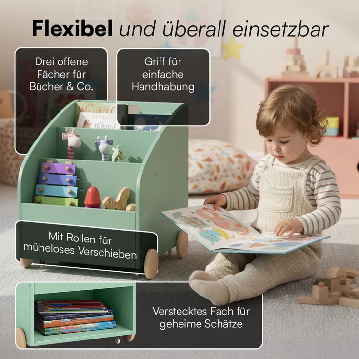 Bellabino 'Towy' Kinderbücherregal, grün, 43x40x43 cm, Holz, Spielzeugregal mit 3 Ablagefächern und Geheimfach – Bild 5