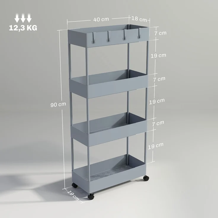 Küchenwagen mit 4 Regalen, 4 flexiblen Haken, 4 Rollen, 40 cm x 19 cm x 90 cm, Nischenwagen, Grau--Grau--40x19x90cm--YOUDENOVA – Bild 5