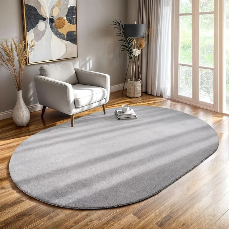 the carpet Relax Moderner Flauschiger Kurzflor Teppich, Anti-Rutsch Unterseite, Waschbar bis 30 Grad, Super Soft, Felloptik, Grau, 140x200 cm Oval – Bild 1