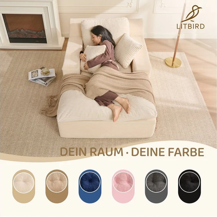 LITBIRD Chaiselongue 160 cm Loungesofa, Boneless Bodensofa & Schlafsofa mit Schlaffunktion, 1 Teile, Platzsparendes Cloud Sofa mit Armlehnen für Wohnzimmer – Bild 3
