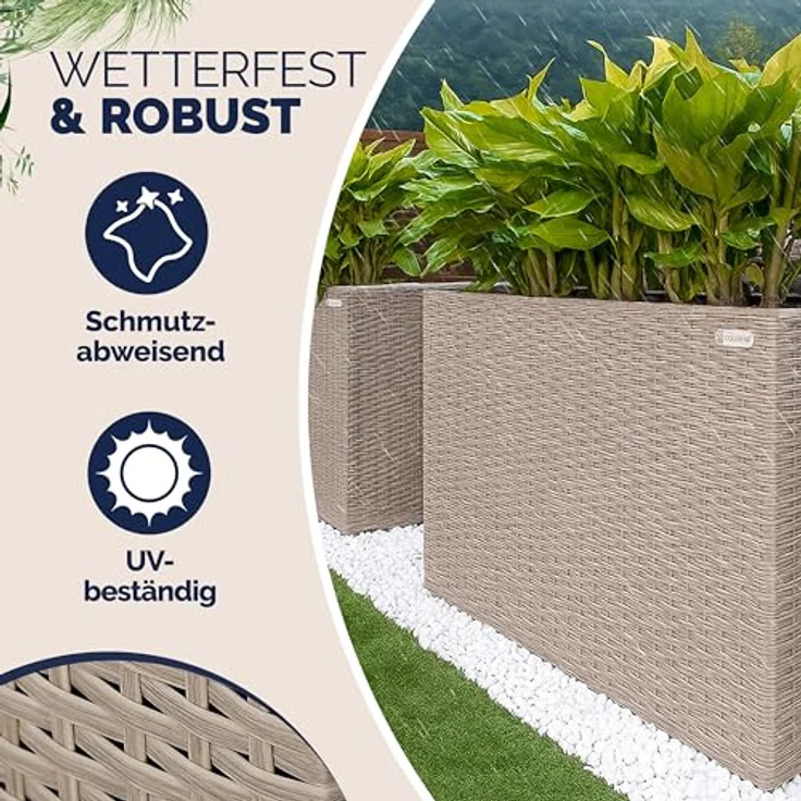 Casaria Pflanzkübel, 4 Innentöpfe Herausnehmbar Polyrattan 95x27x60cm Blumentopf Creme – Bild 3