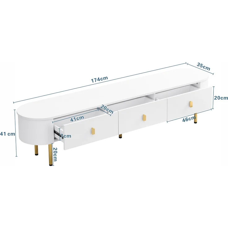 Moderner TV-Schrank 174 cm mit goldenen Griffen, geschwungenen Kanten und hochwertiger Lackoberfläche in Weiß, 174 x 35 x 41 cm – Bild 8