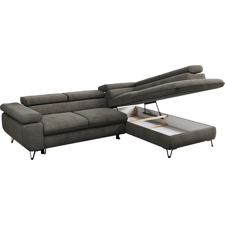 Mks Möbel 'Peter L-form' Ecksofa mit Bettfunktion, Bettkasten & einstellbaren Kopfstützen, Dunkelgrau, Velours, mit Topper, rechts – Bild 5