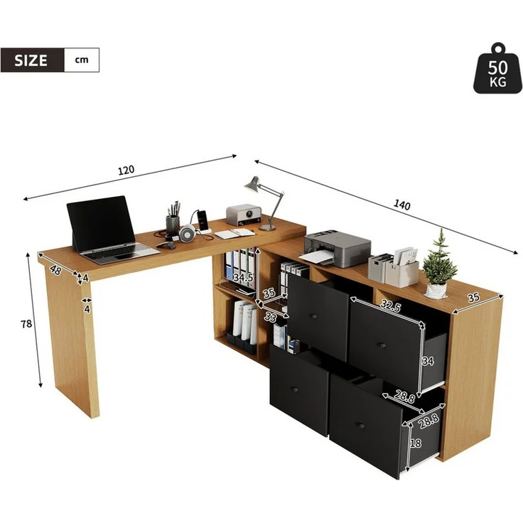 Celya Eckschreibtisch Ecktisch, Tischplatte 360°schwenkbar, L-förmig oder gerade aufstellbar (4 Schubladen - Schreibtisch, nach links gerichtet), Tischplatte und Beine 4 cm verstärkt, mit 4 Fächern,Schwarz – Bild 2
