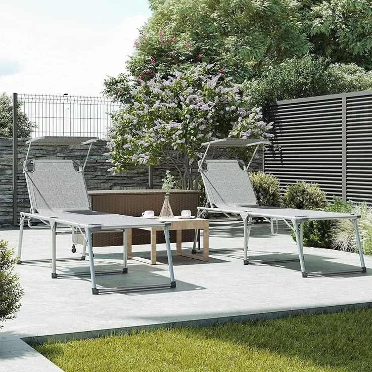 SONGMICS klappbare Sonnenliege, 65 x 200 x 48 cm, bis 150 kg belastbar, Liegestuhl, Gartenliege, extra groß, mit Sonnendach, Rückenlehne verstellbar, grau meliert GCB26TG – Bild 4