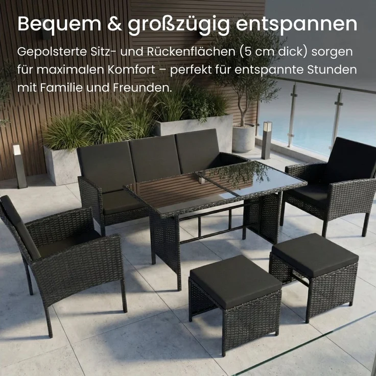 Home Collective Gartenlounge-Set Gartenmöbel Set 7-Sitzer Outdoor Sitzgruppe Möbel Lounge Polyrattan, (inkl. Esstisch mit gehärteter Glasplatte), 3-Sitzer Sofa, 2 Stühle, 2 Hocker Polyrattan Schwarz schwarze Kissen – Bild 2
