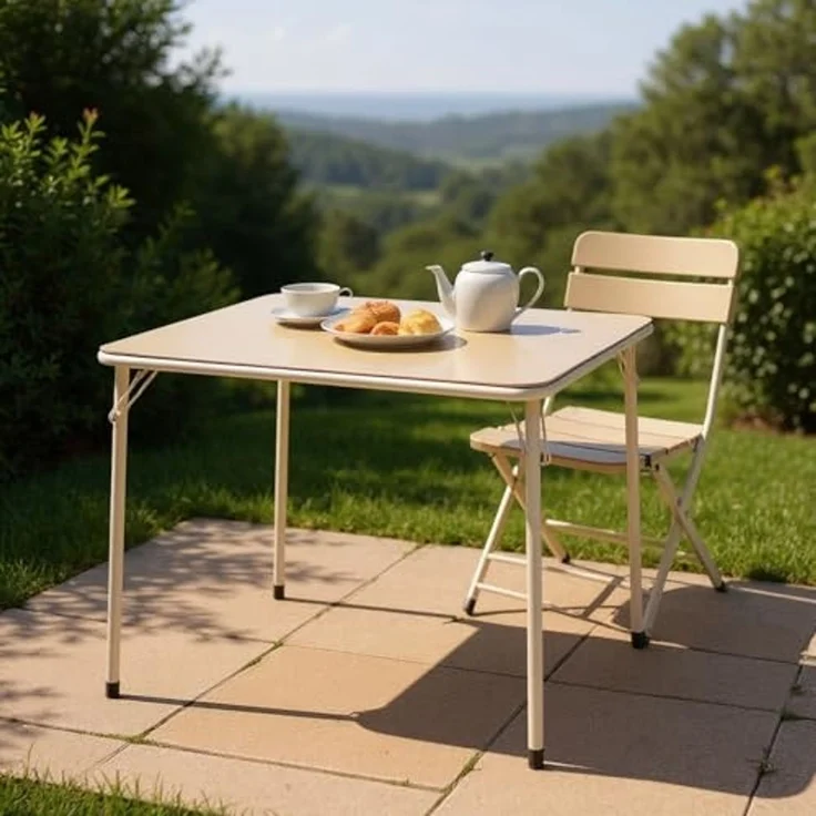 FurnitureR Campingtisch klappbar 86×86×71 cm, tragbarer Outdoor-Tisch mit stabilem Metallrahmen, wetterfester PVC-Oberfläche, faltbar für Camping, Picknick, Festival & Garten, erhältlich in Beige – Bild 4
