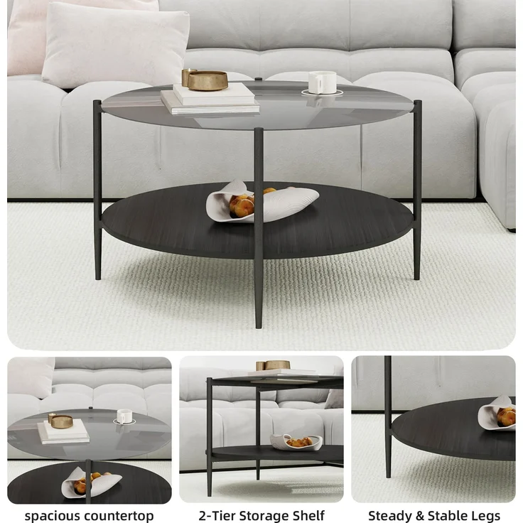 Couchtisch 82 x 82 x 45 cm, mit runder Tischplatte, mit Glastischplatte, aus Glas und Eisen und Holz, Schwarz – Bild 3