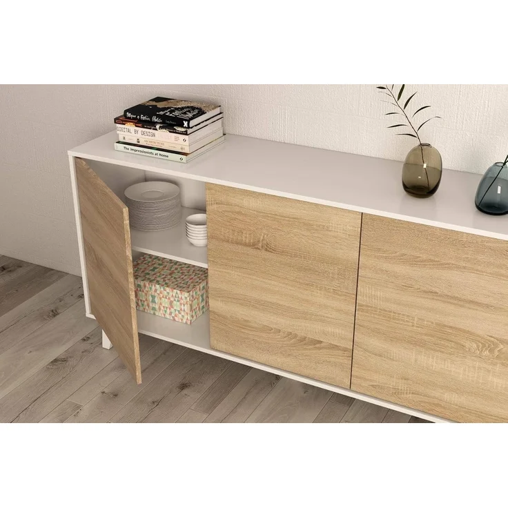 Dmora - Anrichte Arvada, Modernes Sideboard mit 3 Türen und Einlegeböden, Küchenbuffet, Wohnzimmer-Design-Buffet, 154x40h75 cm, Weiß und Eiche – Bild 5