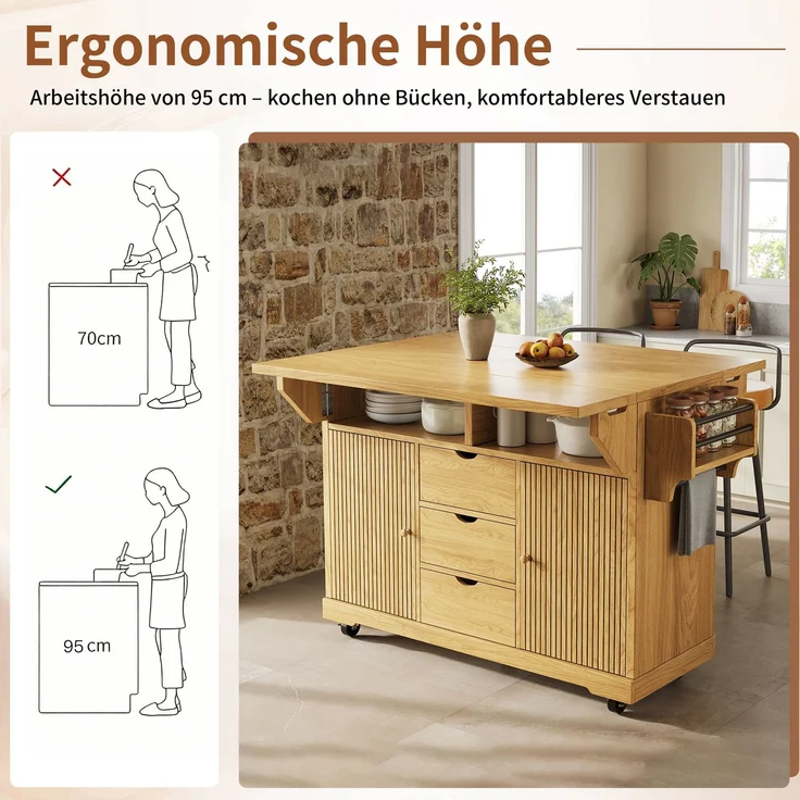Ausklappbarer Küchenwagen B 142,5 x T 80 x H 95 cm aus MDF und Metall, mit 3 Schubladen – Bild 8