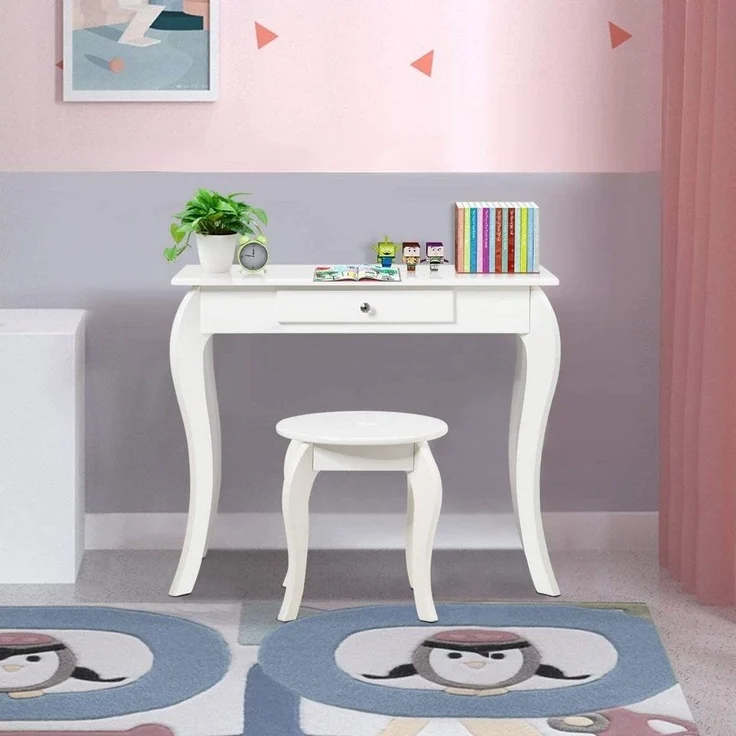 COSTWAY Kinder Schminktisch, Make-up Tisch mit Hocker und abnehmbarem Spiegel, Frisierkommode Holz, Maedchen Frisiertisch mit Schublade 70 x 34 x 105 cm Weiss – Bild 2