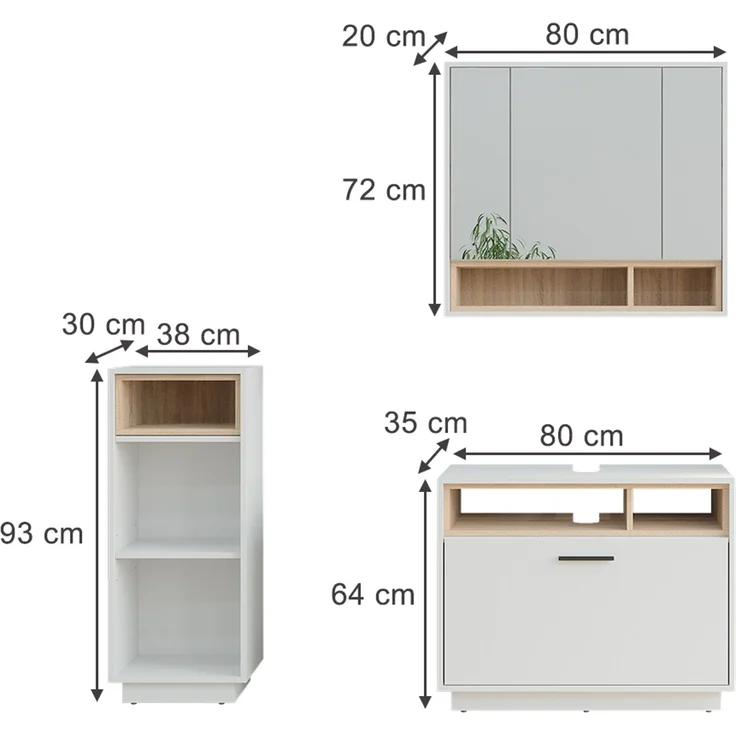 Badmöbel-Set Beatrice Weiß/Sonoma 3 Teile mit Midischrank Vicco – Bild 2