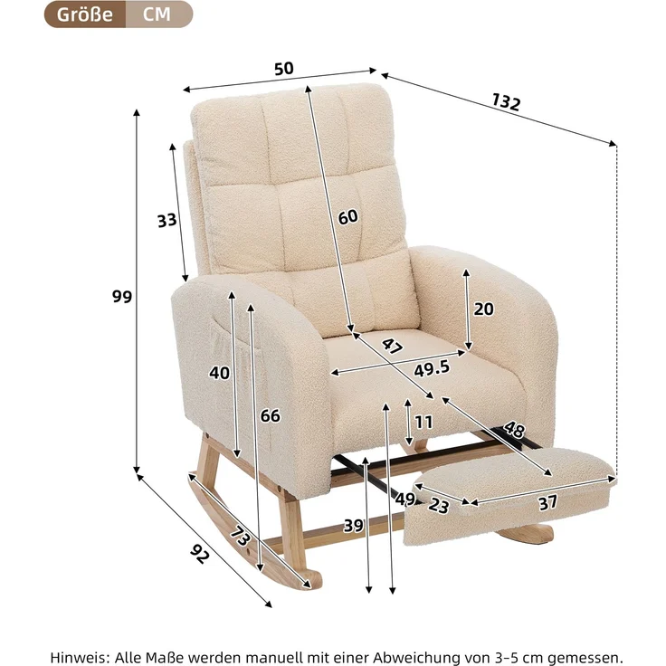 Schaukelstuhl Lammfell-Optik Beige mit hoher Rückenlehne und Armlehnen, ergonomischer Relaxsessel mit Massivholzgestell – Bild 10