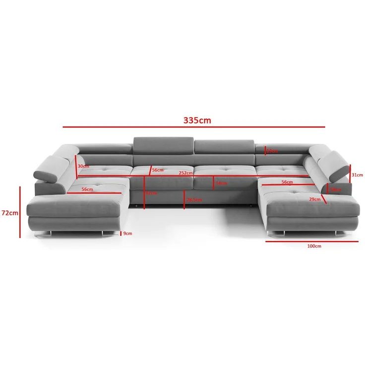 Ecksofa in U-Form AKITA, U-förmige Eckcouch mit Schlaffunktion, ausziehbares Sofa, 2 Bettzeugbehälter, verstellbare Kopfstützen, (Kronos 07), 72x201 cm – Bild 5