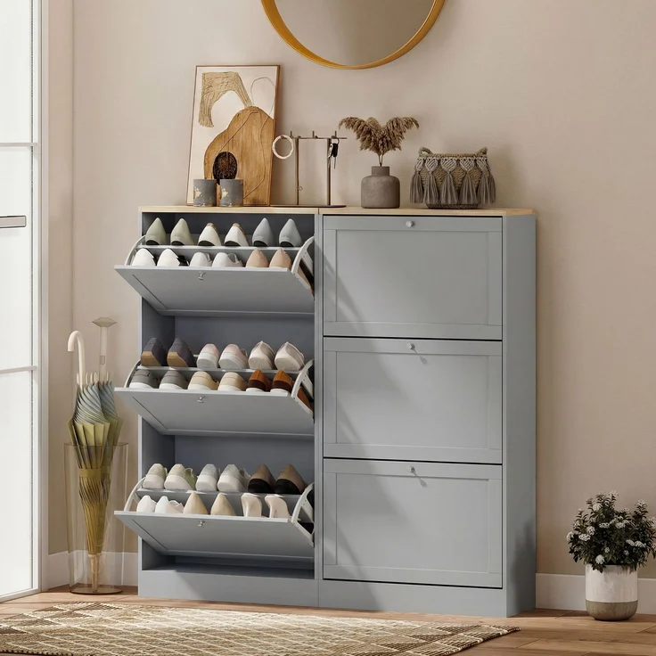 Schuhschrank für 18 Paar Schuhe, Schuhschrank mit 3 Klappschubladen, verstellbaren Einlegeböden, 60 x 23,5 x 115 cm, grau – Bild 10