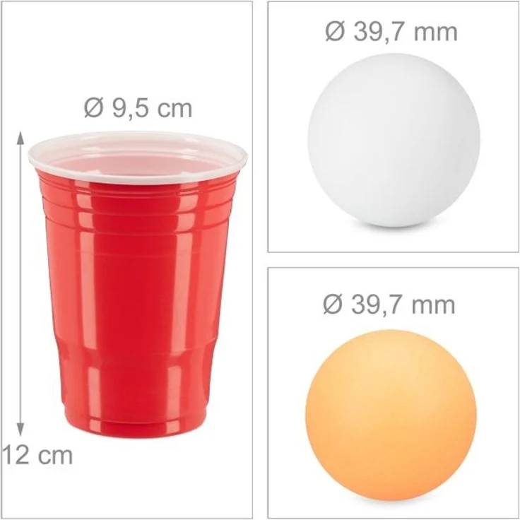 Relaxdays Bier Pong Set, 50 Becher und 6 Bälle, Kunststoff rot / blau, 473 ml – Bild 4