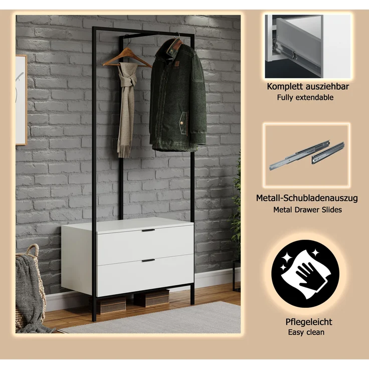 trendteam smart living - Jody - Garderobenständer mit 2 praktischen Schubladen - Weiß matt/Schwarz - Kompakter Kleiderständer - (BxHxT) 85 x 190 x 47 cm - Freistehende Garderobe mit Metallgestell – Bild 14