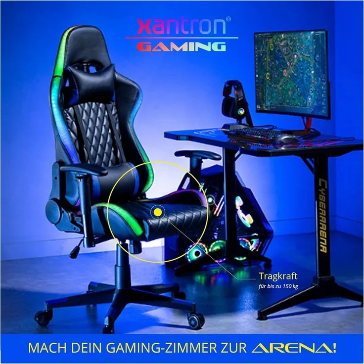 Xantron® Ergonomischer Gaming Stuhl RGB Beleuchtung - 150 kg Belastbarkeit/Gamer Sessel in Schwarz mit PVC Leder/Gamingsessel verstellbar per Gasdruckfeder/Gamingstuhl/Gaming Chair