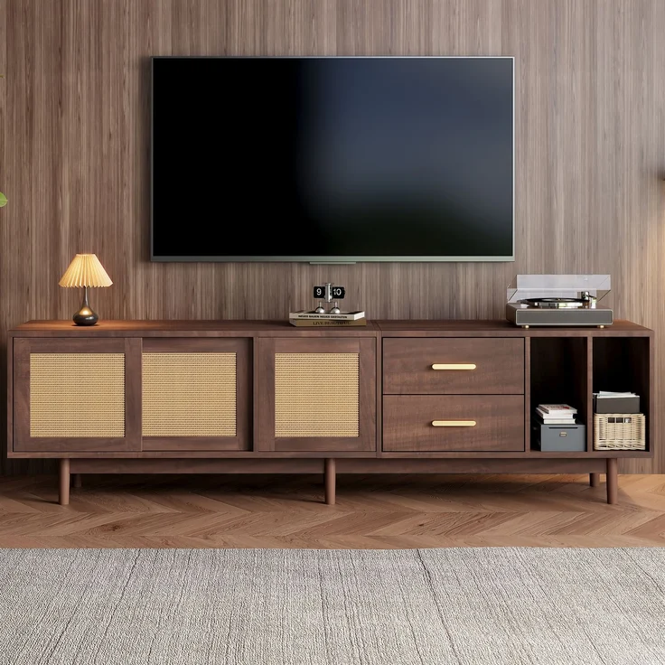 TV Schrank Lowboard 190x40 cm Braun Spanplatte Rattan Türen 3 Türen 2 Schubladen halboffen Wohnzimmer Board – Bild 2