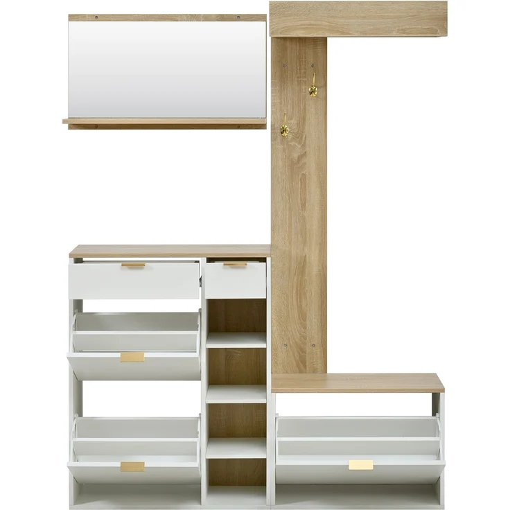 CHICFURN Schrank 130x174x30 cm, 4-tlg. Garderoben-Set mit Schuhschrank und Sitzbank Natur+Weiß – Bild 8