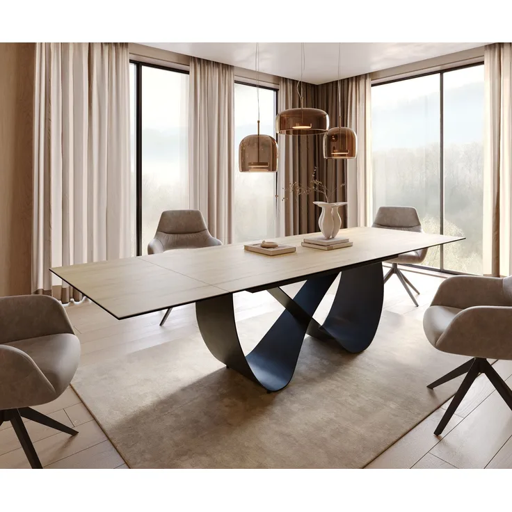 Esstisch Edge 200-300x100 cm Keramik Laminam® Sabbia Eichefarbig Infinity Metall Schwarz ausziehbar