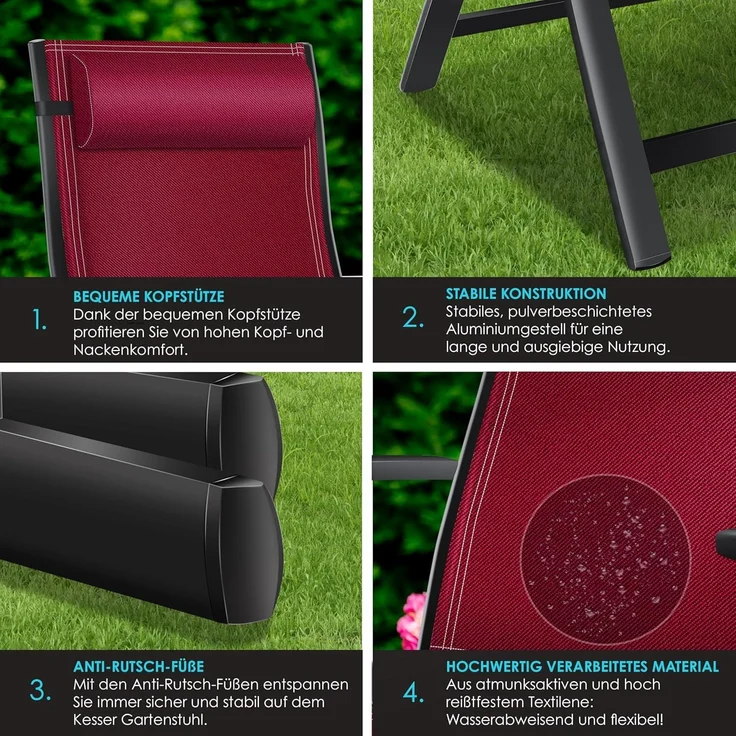KESSER® Gartenstuhl Hochlehner mit Armlehnen | Aluminium Klappstuhl inkl. Kopfkissen Campingstuhl 7-Fach Verstellbar Rückenlehne | Atmungsaktiv & Wetterfest | Klappbar & Anti-Rutsch 6 Stück, Bordeaux Rot – Bild 4