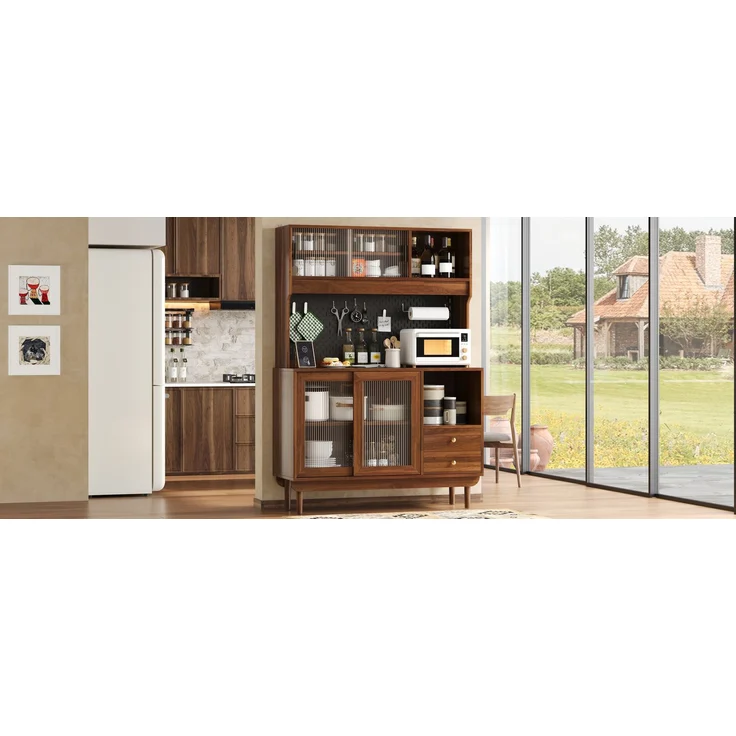 ZUBALIYA Lochplatten-Rückwand / Küchenschrank aus MDF und Spanplatte mit Kiefernholz Füßin, mit küchenbuffet mit Riffelglas-Schiebetüren und schubladen und offenen Fächern, 117.00 x 30.00 x 170.00 cm – Bild 7