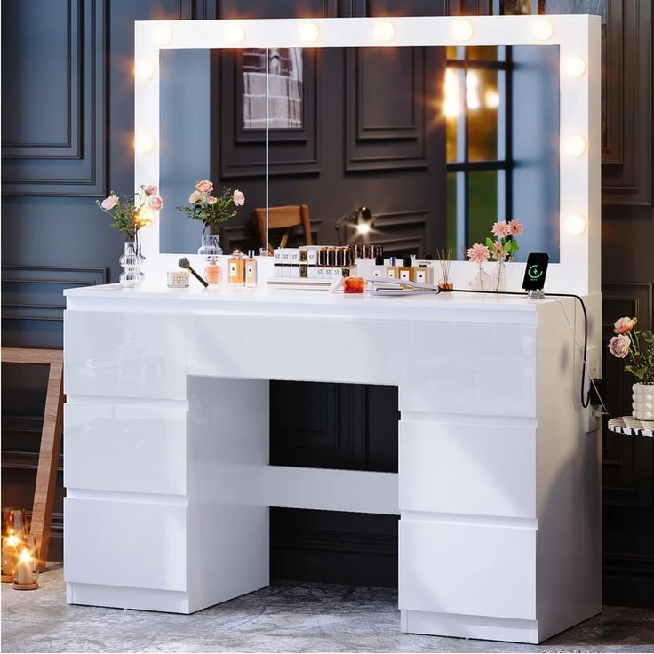 Furnicopia Schminktisch Großer verspiegelter Schminktisch mit sieben Schubladen (Abmessungen: 120 × 40 × 140 cm, 2 Steckdosen, 1 USB-Anschluss, 1 Typ-C-Anschluss. Spiegeldurchmesser: 106 cm. Inklusive Schmuckschrank mit speziellen Fächern für Halskette... – Bild 5
