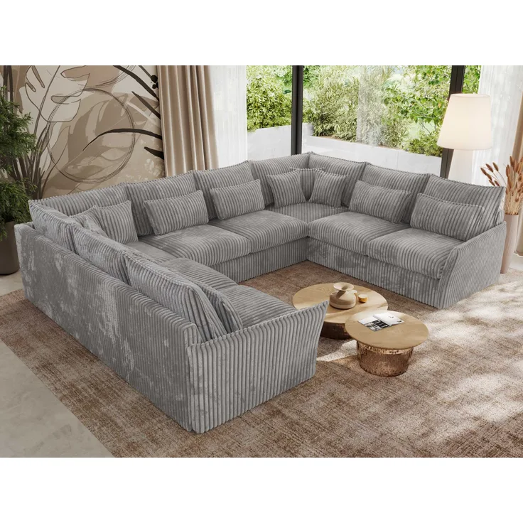 Modulares U-förmiges Wohnzimmer-Ecksofa, XXL Ecksofa mit Armlehnen, Wohnlandschaft, Universal-Ecksofa mit lockeren Kissen - VERSO U 8M - Grau Cord