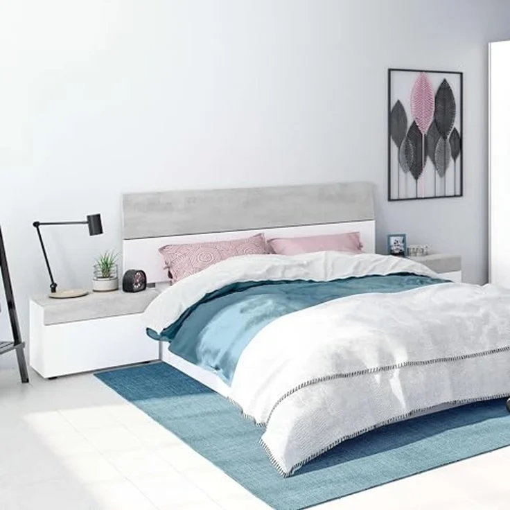 Habitdesign, modernes Kopfteil mit 2 Beistelltischen – Schlafzimmer-Set für Doppelbett in Artik weiß & Zementgrau, viel Stauraum, Maße: 298 x 96,5 x 40 cm (B x H x T), Modell Tekkan – Bild 4
