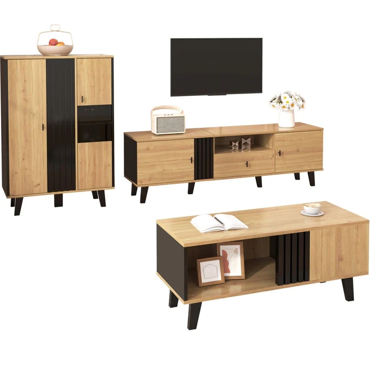 DESVIAE Sideboard-Set 3-tlg. mit LED-Beleuchtung 80x120x40 cm aus Spanplatte und Glas Holz/Schwarz – Bild 7