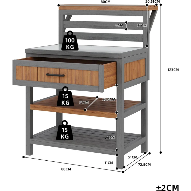 Merax Gartenschrank Holz Outdoor wetterfest Geräteschrank, Outdoor-Schrank mit Edelstahl-Arbeitsplatte & großer Schublade, Grillstation mit doppelter Ablage, kippsicheres Design – Bild 4