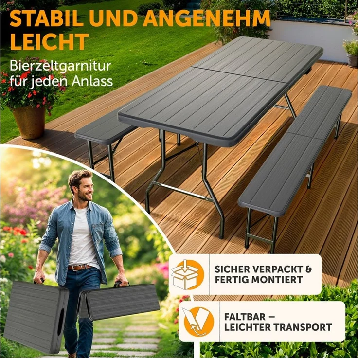 Blumtal Bierzeltgarnitur 3er Set - 2X Bierbank + 1x Biertisch - tragstarke Biertischgarnitur klappbar für 8 Personen - Bierbankgarnitur mit Tragegriff - Biergartengarnitur in Holz-Optik Anthrazit