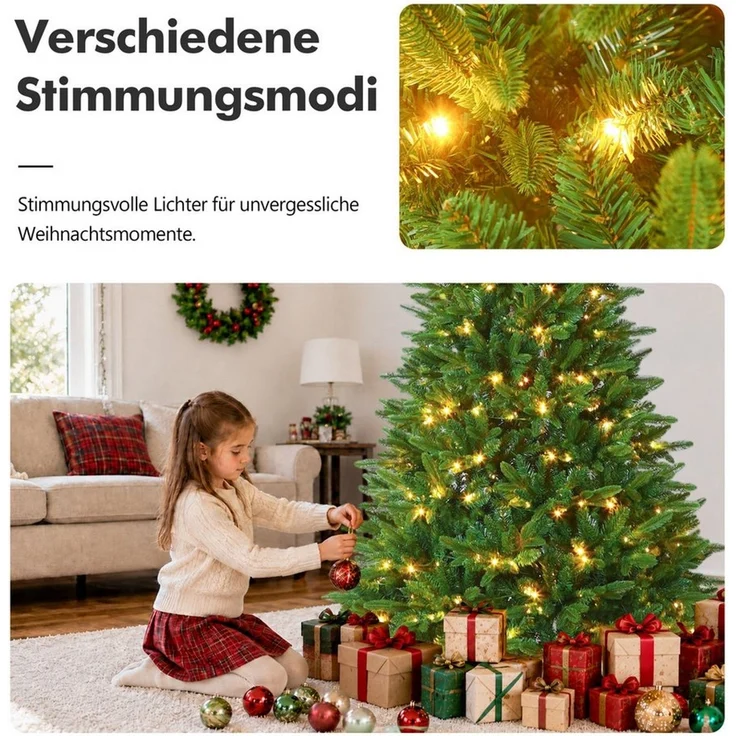 Sinaopus Künstlicher Weihnachtsbaum 180 cm Tannenform, PE+PVC, 300 LEDs, Holzständer, 8 Lichtmodi, Naturnahe Tannenform, 3D-PE-Zweige, PVC-Fülle, Holzständer, dicht, 300 LEDs, 8 Lichtmodi, 3D-PE-Zweige, vormontierte Äste, formbar – Bild 3