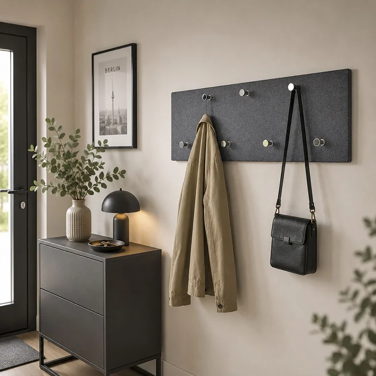 Haku Wandgarderobe mit 7 Haken in Granitoptik Anthrazit, Garderobenknöpfe in Chrom, MDF-Korpus, Hoch- und Querformat, 80x6x30 cm – Bild 3