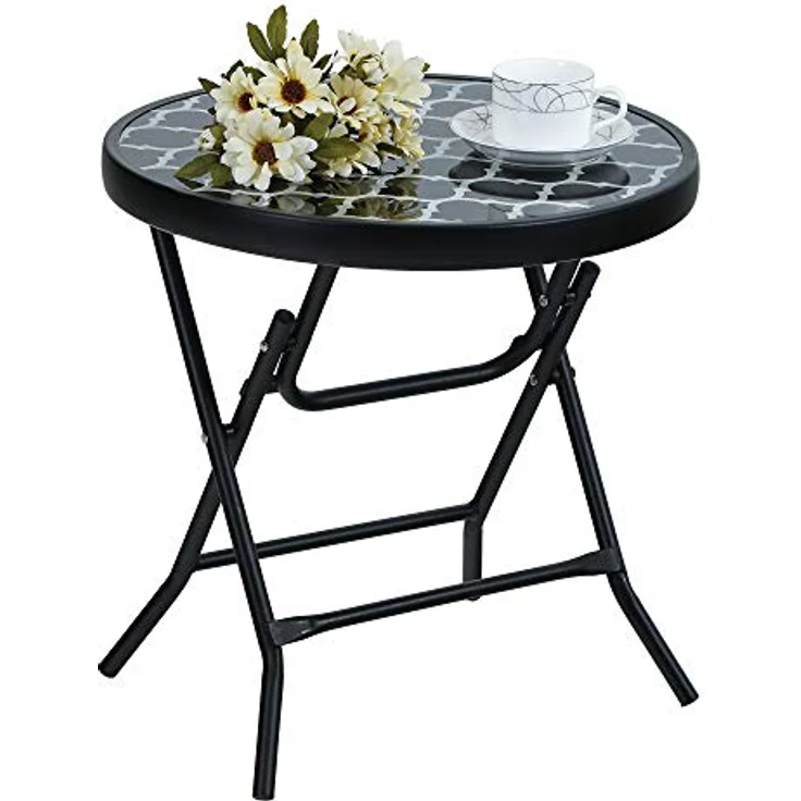 PHIVILLA Klappbar Runder Beistelltisch Glas aus Metall Gartentisch Kaffeetisch Klein Balkontisch wetterfest pflegeleicht für Balkon Garten Terrasse Wohnzimmer – Bild 2