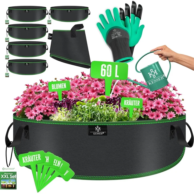 KESSER Pflanzkübel, 5er-Set, Pflanzsäcke aus Vlies Kartoffel Pflanzsack Pflanztasche, 60L, 60x25 cm – Bild 1
