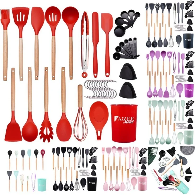 Faizee Möbel Kochbesteck-Set Küchenhelfer Set 38tlg Silikon Kochbesteck Holzgriff Küchenutensilien – Bild 5