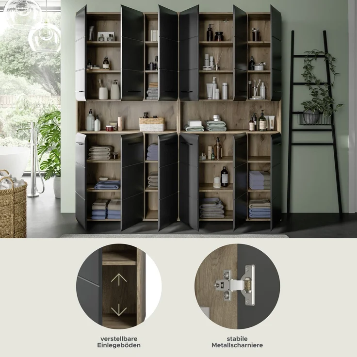 Badkombination (B/H/T: 180x185x30 cm) in schwarz matt und Nox Oak Nachbildung – Bild 12
