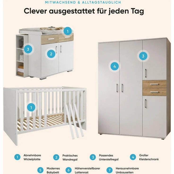 Storado Babymöbel-Set Sienna 7-teilig 70×140cm, Kinderzimmer-Set, Farbe wählbar, Mitwachsendes Babybett, Wickelkommode und geräumiger Schrank – Bild 4