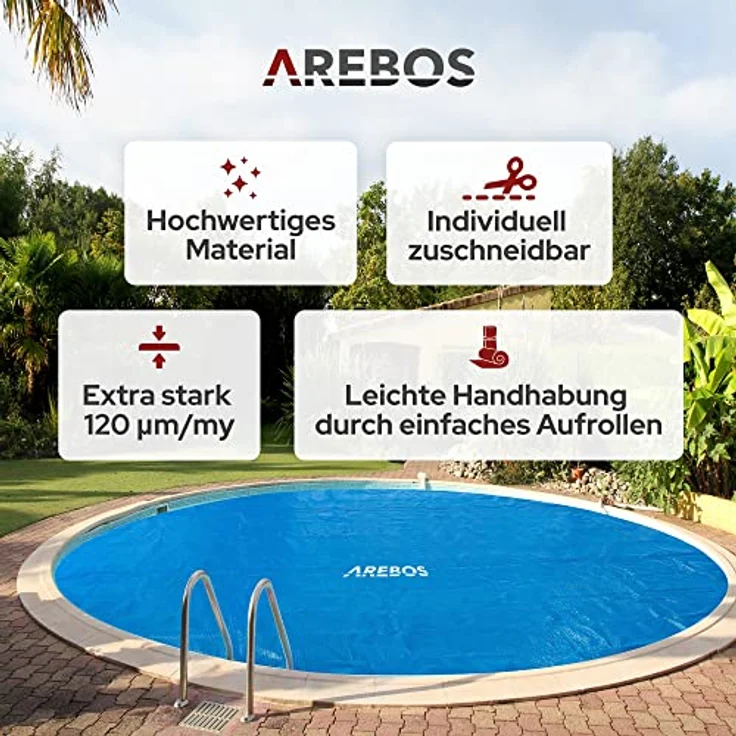 Arebos Pool Solarabdeckplane rund Ø 3,66 m Blau | Solarplane Stärke 120 µm | Solarfolie zuschneidbar | Poolheizung Wassererwärmung | Wärmeplane – Bild 4