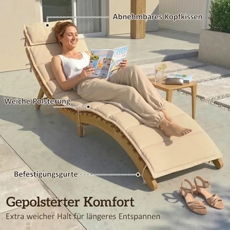 Outsunny Gartenliege Wetterfest Relaxliege mit Polsterung Kopfstütze Tragegriff, klappbarer Liegestuhl, 1 St, Sonnenliege, für Balkon, Terrasse, bis 120 kg belastbar, Beige, 183 x 54 x 63 cm – Bild 7