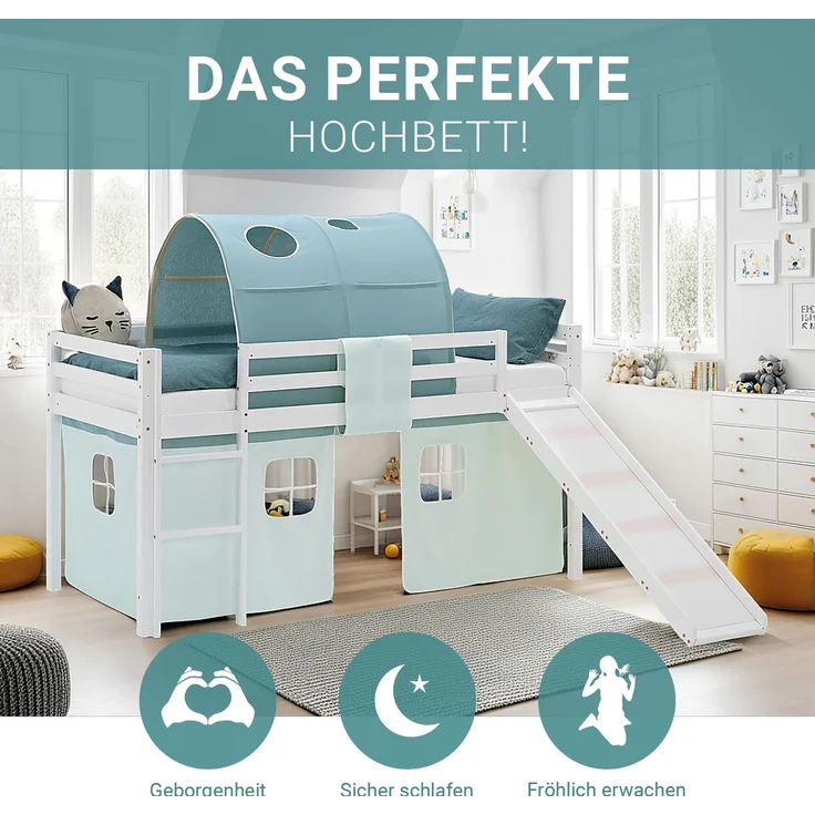 Hochbett Kinder 90x200 cm mit Rutsche Lattenrost Kinderbett Stockbett Vorhang Tunnel Grün Mintgrün Holz Massiv – Bild 5