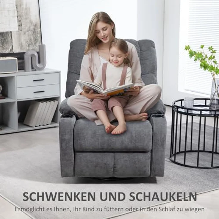 HOMCOM Relaxsessel Fernsehsessel mit Liegefunktion, Schaukelfunktion und Becherhalter (TV-Sessel, 1-St, Ruhesessel), für Wohnzimmer, Dunkelgrau – Bild 6