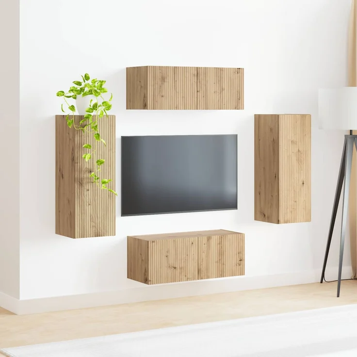 vidaXL TV-Wandregal-Set Wandmontiert 4 pcs Artisan-Eiche Holzwerkstoff 3408924 – Bild 4