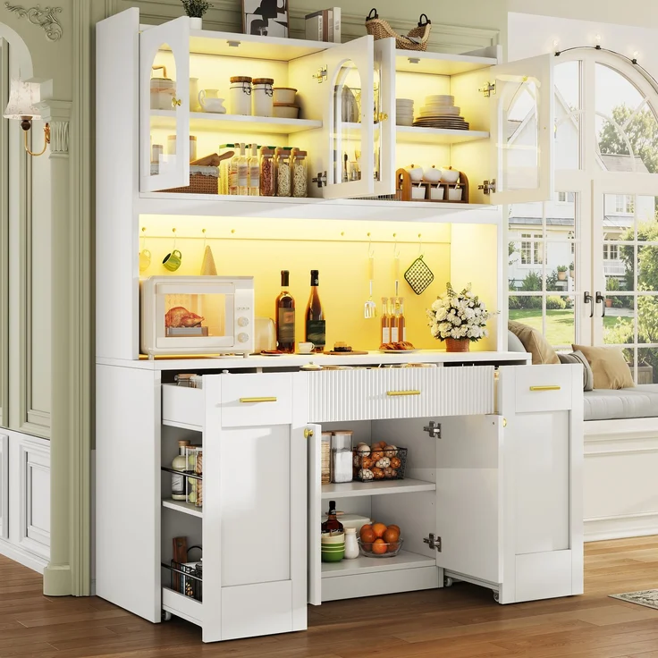 Hochküchenschrank 120cm mit RGB-LED, App-Steuerung, 3 Glasvitrinen, Schubkästen & beidseitigen Roll-Ablagen, Weiß/Schwarz – Bild 2