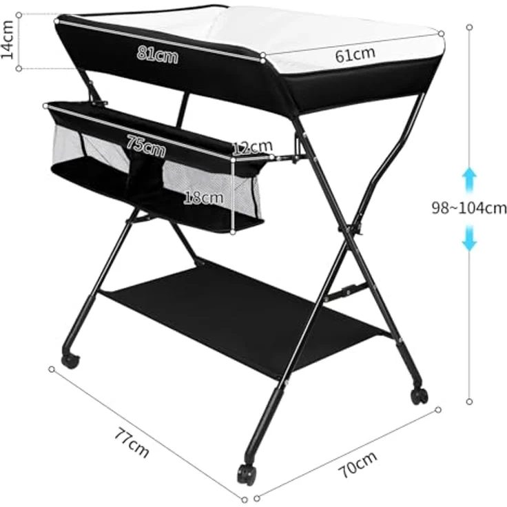 Wickeltisch - höhenverstellbare Wickelkommode für Unterwegs, hochwertige Stoffqualität, Klappwickeltisch mit Rollen und Stauraum, Reisewickelkommode Mit Rollen-86 * 62 * 96 cm-schwarz – Bild 8