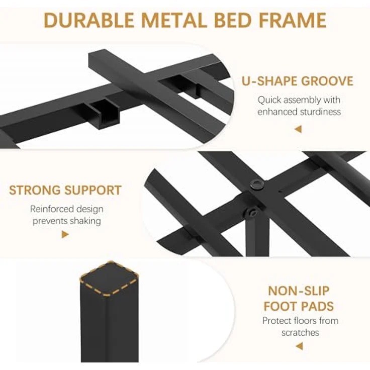 Bettgestell 90x200 cm, Einzelbett mit Metall Lattenrost und Dickem Holzkopfteil, Stabil Geräuschlos, Gästebett und Jugendbett für Schlafzimmer, Braun – Bild 3