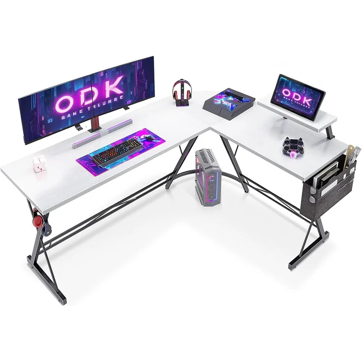 ODK Gaming Tisch, Computertisch, Gaming Schreibtisch mit runder Ecke, Gaming-Tisch mit Monitorablage (Weiß, 167x120 cm) – Bild 1