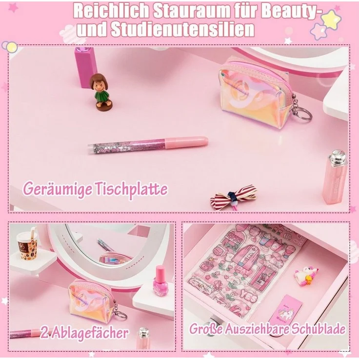 COSTWAY Schminktisch, aus Holz, mit Hocker & Spiegel & Schublade – Bild 2